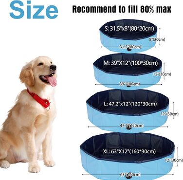 Басейн для собак, 160x30 см, розкладний, з неслизьким покриттям, блакитний XL