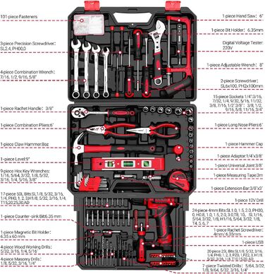 Акумуляторна дриль-шуруповерт DEKO 12V: набір інструментів 238 шт. з акумулятором для дому, ремонту та рукоділля (червоний)