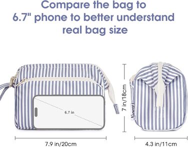 Косметичка жіноча Narwey для подорожей: велика, з широким відкриванням (сіро-блакитна смугаста)