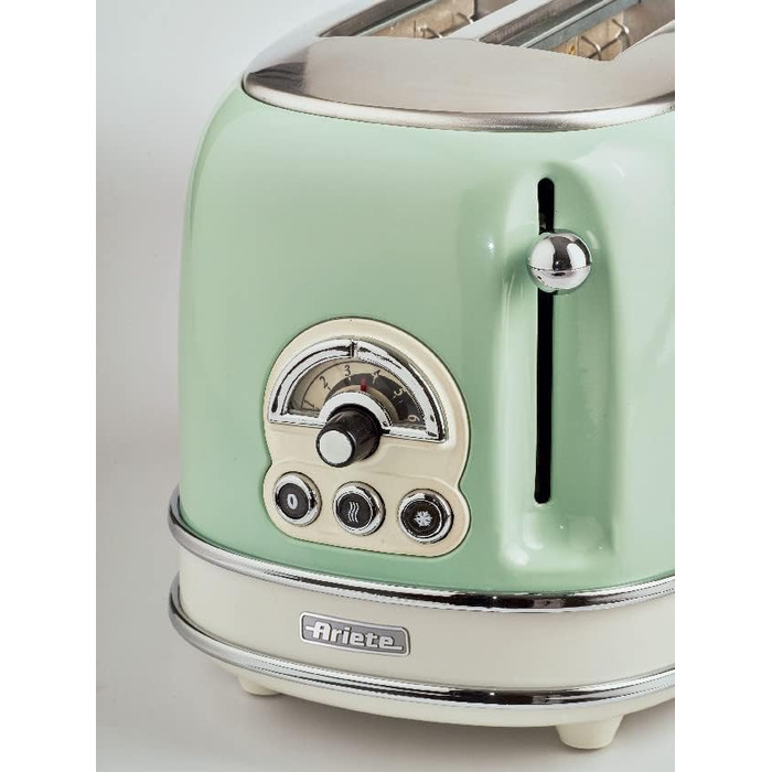 Тостер Ariete Vintage 155, 2-слайсовий, ретро, 6 режимів, автоматичний викид, розморожування, зйомний піддон, нержавіюча сталь, щипці для сендвічів, 810 Вт, зелений