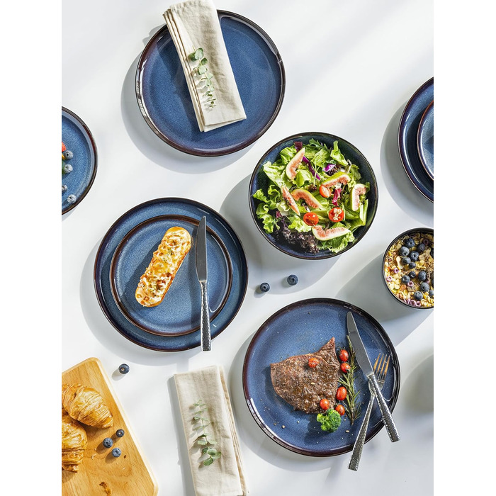 Набір посуду LeRatio на 6 осіб, 18 предметів, керамічний, реактивна глазур, блакитний, для сервірування столу, стійкий до подряпин, придатний для миття в посудомийній машині та використання в мікрохвильовій печі