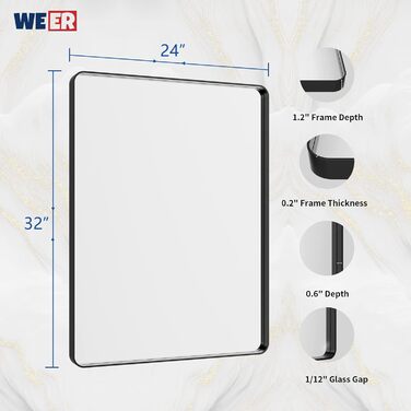 Дзеркало для ванної кімнати WEER, 61x81 см, чорний металевий каркас, матове скло, закруглені кути