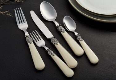 EXZACT Ivory Creme Flatware Set, 20 Pieces, Stainless Steel with Detailed Handles, Traditional, Elegant, Vintage Style/Antique