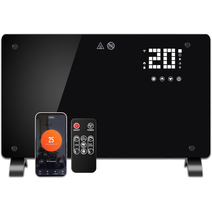 Конвектор DONYER POWER 2500W з Wi-Fi, чорний, з таймером та пультом керування, скло, настінний/підлоговий