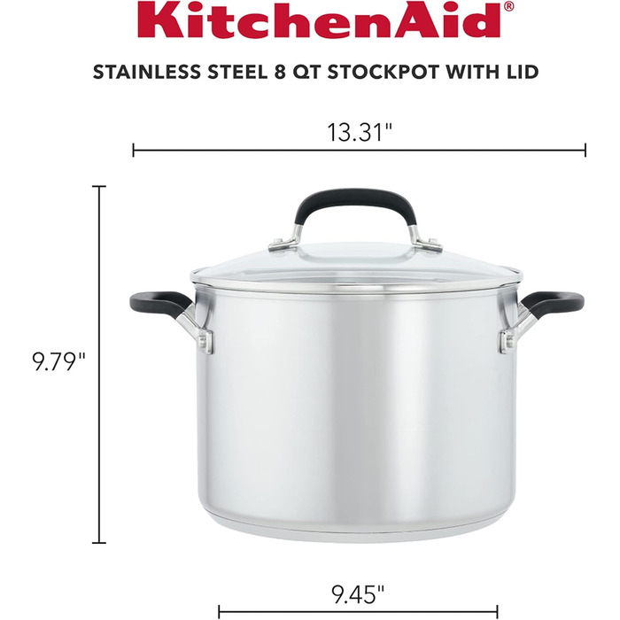 Набір кухонного посуду KitchenAid з нержавіючої сталі, 10 предметів, шліфований нержавіюча сталь (каструля 8 літрів)