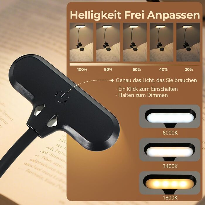 LED лампа для читання Nixtrve з кріпленням на книгу, USB-C, регулювання яскравості, 3 режими температури кольору, гнучка на 360°, для дорослих та дітей