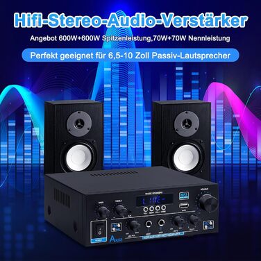 HiFi підсилювач AK55 Bluetooth, стерео аудіо підсилювач 2-канальний, 2x70Вт (макс. 600Вт), цифровий саунд підсилювач 12В/220В для дому та авто