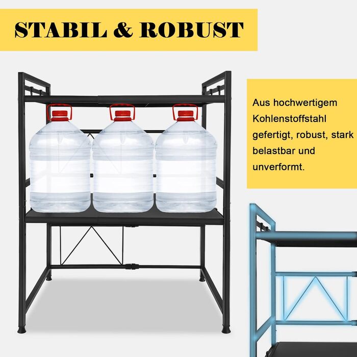 Expandable Microwave Shelf with 8 Hooks, 3-Tier Microwave Stand Freestanding Shelf Microwave Holder Baker's Rack Organizer for Kitchen Countertops, Black