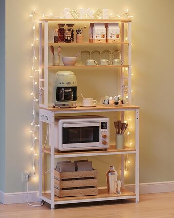 Стелаж кухонний VASAGLE з розетками, 6 полиць, гачки, сталевий каркас, 40x60x167 см, колір горіх + білий