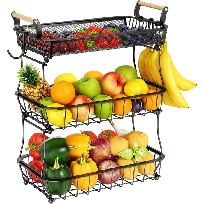 3-Tier Fruit Basket with 2 Banana Hangers for Kitchen Countertop, Vegetable Counter, Storage Holder, Large Capacity, Metal Wire, Fruit Stand, Organizer for Onion, Snack, Black