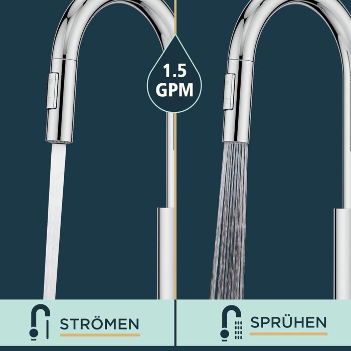 Змішувач кухонний FORIOUS чорного кольору з високим виливом та висувною лійкою, поворотний на 360°, полірований хром