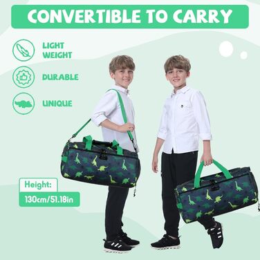 VASCHY Kids Duffel Bag - Overnight Travel Bag for Toddlers, Boys, Water-Resistant Ballet Dance Sports Carry-On Weekender Bag with Shoe Compartment Dry Wet Pocket Green Dinosaur
