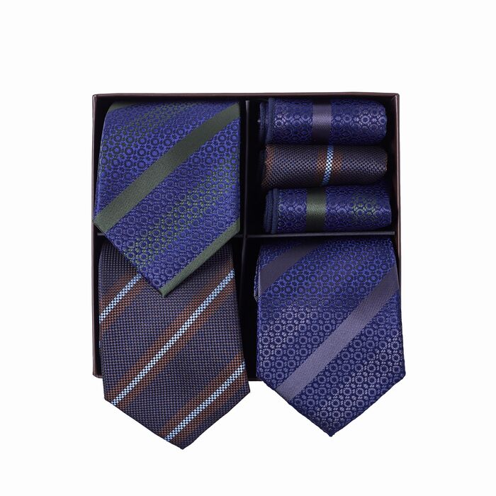 Набір краваток для чоловіків 3 шт. + 3 кишенькові хустинки | Подарунковий бокс на весілля | Класичні краватки та хустинки (синій та зелений)