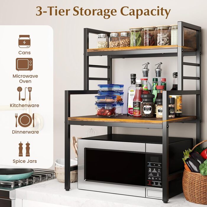 Полиця для мікрохвильової печі KOMFOTTEU 52x42x78 см, кухонна полиця з регульованими ніжками та захистом від перекидання, економна полиця для каструль, сковорідок, тарілок та мисок, коричнева