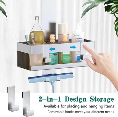Emibele Shower Shelf for Hanging, Stainless Steel Shower Shelf No Drilling, Bathroom Shelf No Drilling with Hooks, Shampoo Lotion Holder, Shower Basket Towel Holder Wall Shelf for Glass Door Bathroom, Silver