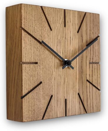Oak Wall Clock, Table Clock, Desk Clock - Beam - Solid Wood Design 17 x 17 cm (Smoked Oak, Black Hands, Radio Clock Movement)