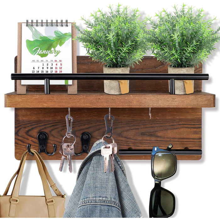 Настінна вішалка для ключів на 5 гачків, дерев'яна дошка для ключів з полицею, настінний органайзер для ключів, рустикальна вішалка для ключів, органайзер для ключів, декор для дому (колір: коричневий)