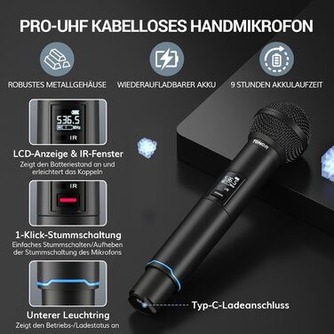 TONOR TW750 Бездротовий мікрофон UHF з регулюванням, 2 шт., 100м радіус дії, світлодіодний індикатор, автосканування, для караоке, церкви, вечірок