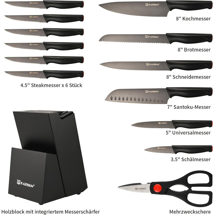 KATISUN 16-Piece Japanese Steel Knife Set with Block - Includes Sharpener, Cutting Board & Kitchen Shears - Durable Titanium Coated Kitchen Knife Set for Chopping, Slicing & Dicing
