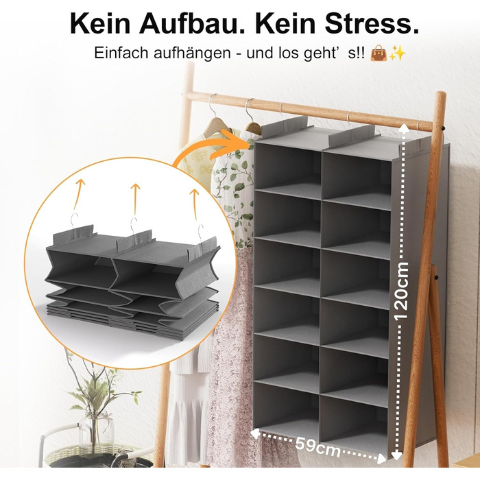Організатор для шафи з 6 полицями, сірий - для одягу, з металевими гачками, компактний, для спальні, гуртожитку