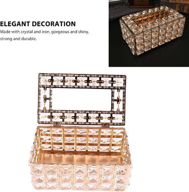 LEMCC Crystal Tissue Box Holder, Rectangular, Classic, Gold, Crystal, Iron