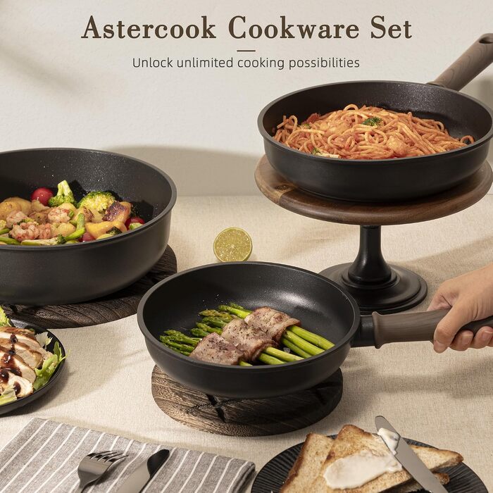 Набір посуду Astercook (19 предметів): каструлі та сковорідки з титановим антипригарним покриттям для індукційних плит, без PTFE, PFOA та PFOS, чорний