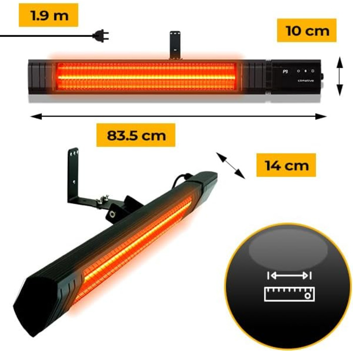 Інфрачервовий обігрівач RAY 2500W – електричний обігрівач з 9 ступенями, IP65 для тераси та приміщення, настінний, з пультом та таймером, чорний