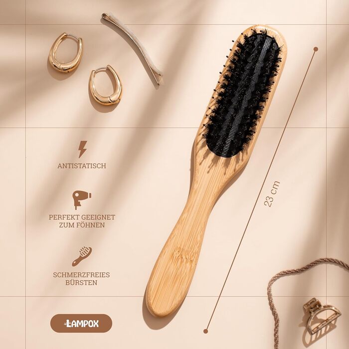 Бамбукова щітка для волосся Lampox з щетиною дикого кабана, масажна щітка для голови, розпушувач для довгих волосся та кучерів, для жінок, чоловіків та дітей