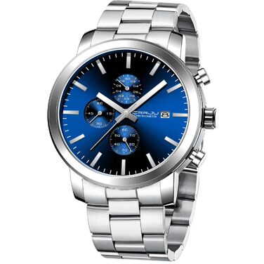 Чоловічий годинник CRRJU з хронографом, сталевий браслет, водостійкий, чорний, з датою, аналоговий кварцовий годинник (сріблястий, блакитний)