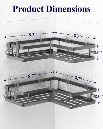 Набір полиць для душу Kitsure без свердління – 2 шт. Стабільні полиці для душу без свердління з швидким зливом, з нержавіючої сталі та міцною клейкою фіксацією для ванної кімнати (22,0 x 22,0 x 5,0 см, Темно-сірий)