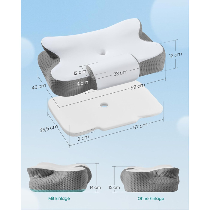 Подушка SONGMICS ергономічна з Memory Foam для сну (біла/сіра), регульована висота, для бокового, спинного та переднього положення