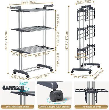 Сушарка для білизни 4-ярусна великої місткості з роликами, стабільна з нержавіючої сталі, для дому/на вулицю, сірого та чорного кольорів