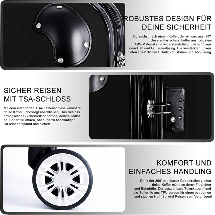 Набір валіз 3er - міцні ABS-валізи з TSA-замком, розширюваний об'єм - M, L, XL, захист кутів, 360° колеса, телескопічна ручка, підходить для ручної поклажі & стійкий до ушкоджень (Чорний)