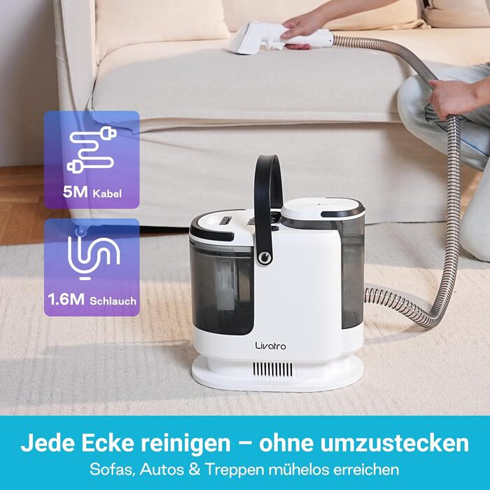 Апарат для чищення м'яких меблів та килимів: волого-пилосос 15 kPa, бак 1.6 л, компактний пароочисник, самоочищення, для дому та авто