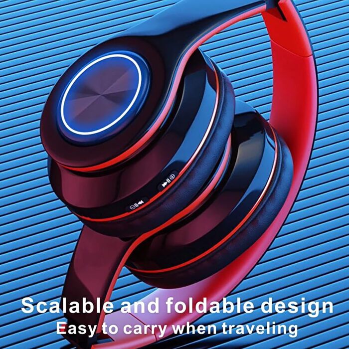 Бездротові навушники Bluetooth з LED-підсвіткою, складані, Bluetooth 5.0, радіус дії 10 м, стерео, мікрофон, зручні амбушюри (чорно-червоні)