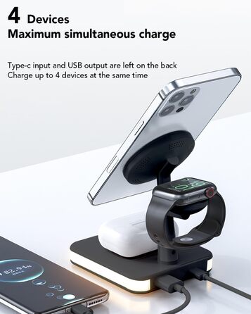 Бездротовий зарядний пристрій 4-в-1 з підсвічуванням та USB-портом для Apple iPhone, iWatch, AirPods (Чорний)