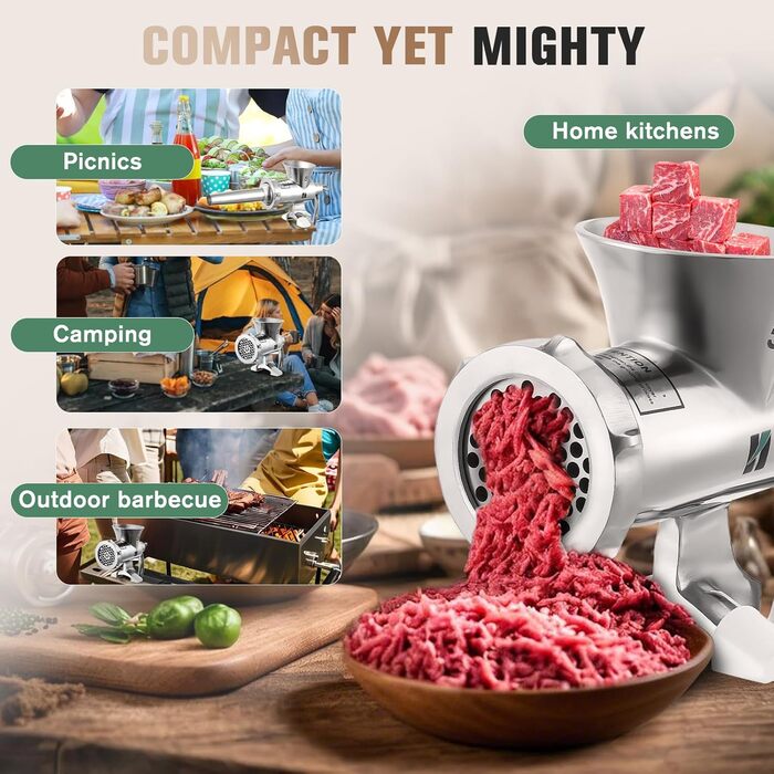 М'ясорубка ручна Huanyu з нержавіючої сталі, насадка для ковбас та печива, миється в посудомийній машині, для яловичини, свинини та овочів (№8)