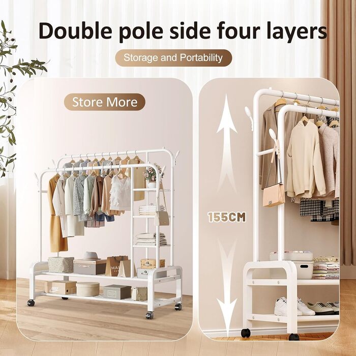 Clothes rack, clothes rail, rolling clothes rack, rolling clothes rail, stable clothes rack, black clothes rack, clothes rack with wheels and two clothes rails (Black) (Blanco1)