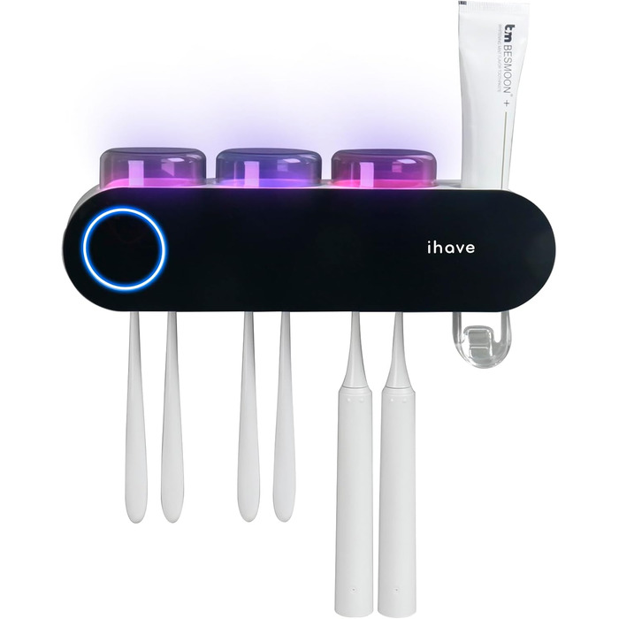 Тримач для електричної зубної щітки iHave з УФ-дезінфекцією, розумний аксесуар для ванної кімнати, 3 стаканчика, дозатор пасти, чорний