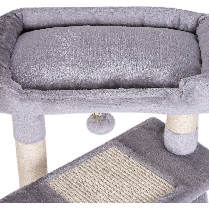 Котячий будиночок Lionto з лежанкою та печерею, 75 см, з сизалевого мотузка та плюшу, 2 м'ячики з дзвіночками, для кошенят та дорослих котів, сірий