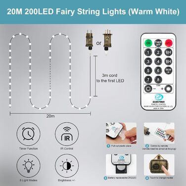 LED гірлянда світлодіодна, 23м, 200 LED, на батарейках, з таймером, 8 режимів, для дому та саду, на Різдво, Великдень, вечірку, декорування (1 шт, холодне біле світло)