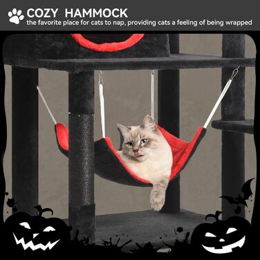 Кігтеточка YITAHOME Готичний XL, 160 см, велика та стійка, з 4 колонами з сизалю, 1 дощечкою для шліфування, гамаком, 2 підвісними кулями-павуками, платформами для сну, чорна, 48 x 60 x 160 см