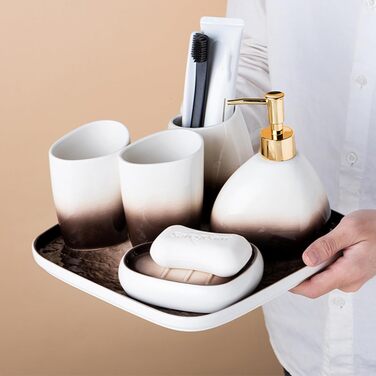 Набір аксесуарів для ванної кімнати 4 шт. Сірий, з дозатором мила, мильницею та 2 стаканчиками для зубних щіток, з малюнком 