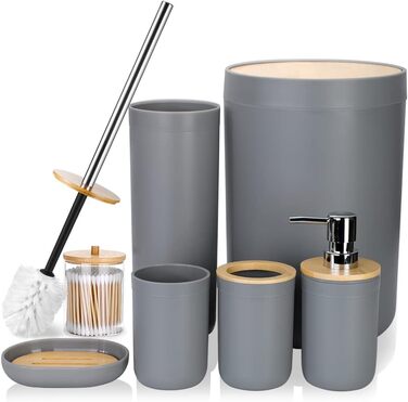 Набір аксесуарів для ванної кімнати Otostar Bambus Grey: мильниця, тримач для зубних щіток, дозатор мила, контейнер для ватних паличок, тримач для туалетного паперу, сміттєвий бак (6 шт.)