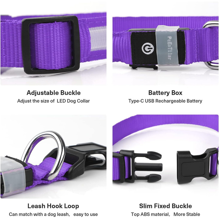 Світлодіодне нашийник для собак Leuchthalsband, вологостійкий, з 7 кольорами, регульований, для малих та великих собак, фіолетовий, 8 режимів, розмір M (38-50 см)