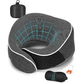 Подушка для шиї в літак, доросла, з піною з пам'яті, регульована та компактна, для автомобіля з навушниками, маскою для сну, чохлом