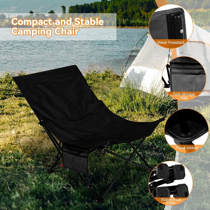 Крісло для кемпінгу складне, до 150 кг, легке, регульоване, з сумкою, для відпочинку на природі, риболовлі, саду, пляжу, піших прогулянок (Чорний)