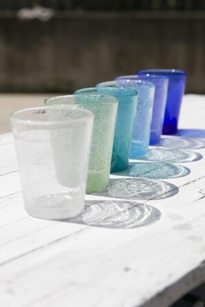 Villa d'Este Home Tivoli Cancun/Marea Set of 6 Water Glasses, 330 ml, made of hand-blown glass, with shades of blue