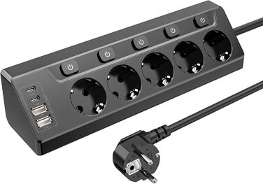 Багатофункціональна мережа роз'ємів 9 в 1 з вимикачем, USB-роз'єм 5 шт., кабель 2 м, кутова мережа роз'ємів чорного кольору, індивідуальне перемикання, для кухні та столу