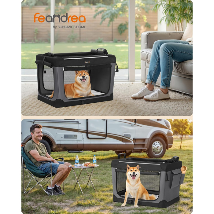 Транспортна переноска для собак Feandrea, 76x53x53 см, чорна, з кишенями для аксесуарів